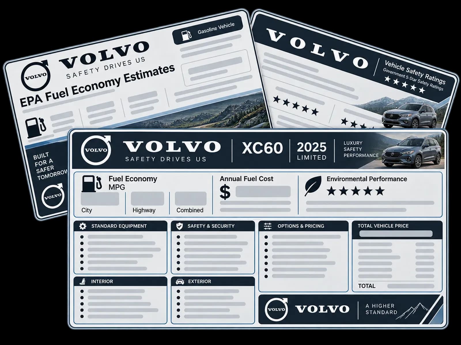 Volvo window sticker sample showing EPA fuel economy, safety ratings and factory equipment