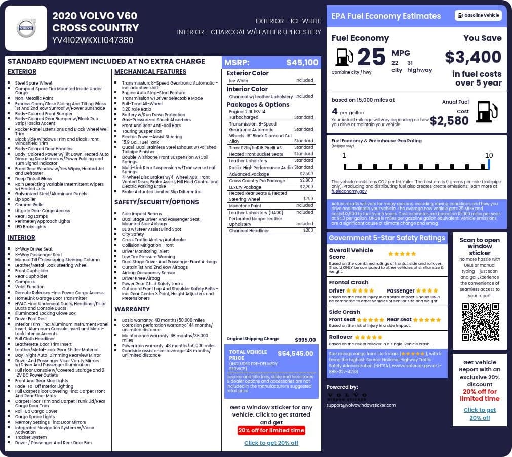 Window Sticker Example 2020 Volvo C60