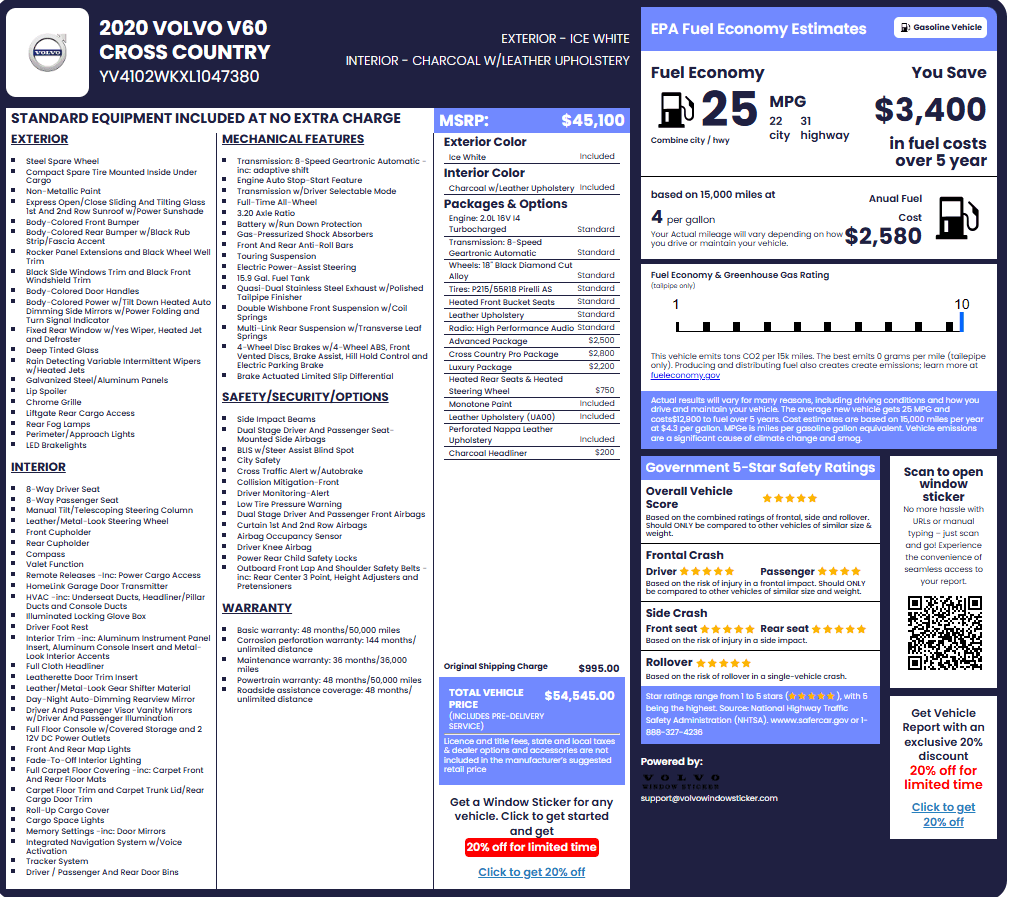 Sample Volvo window sticker showing MSRP, features, fuel economy, and factory options